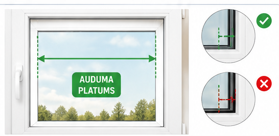 Auduma platums — nomēriet stikla platumu no stikla malas līdz stikla malai, neieskaitot blīvgumiju